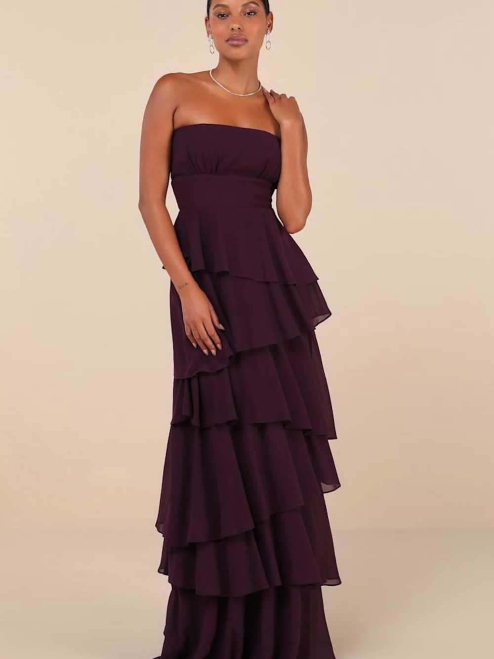 Lulus Gorgeous Essence Dark Purple Strapless Tiered Maxi Dress size M